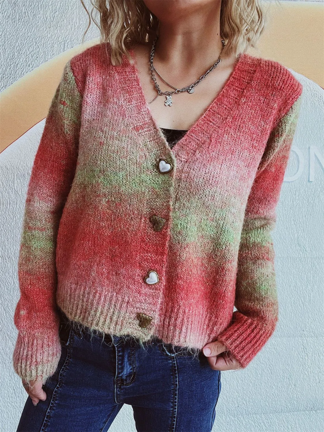 🌟 Gradient Heart Shape Button V-Neck Cardigan 🌟