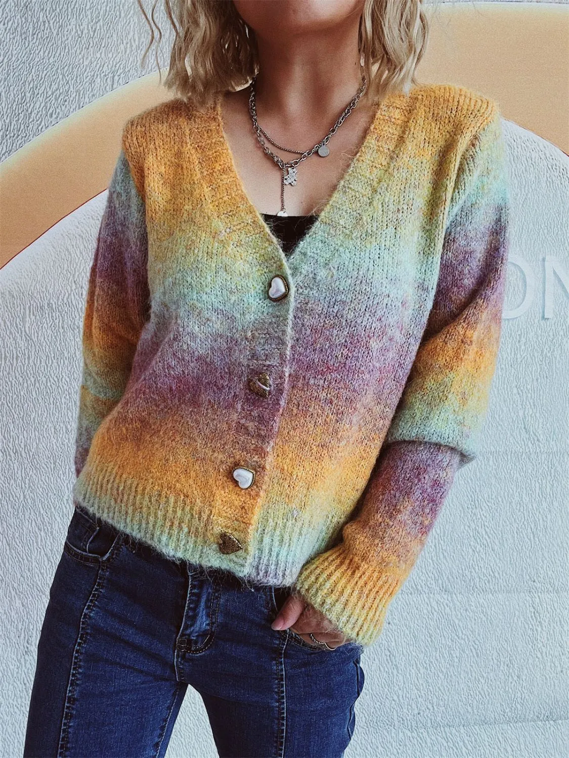 🌟 Gradient Heart Shape Button V-Neck Cardigan 🌟