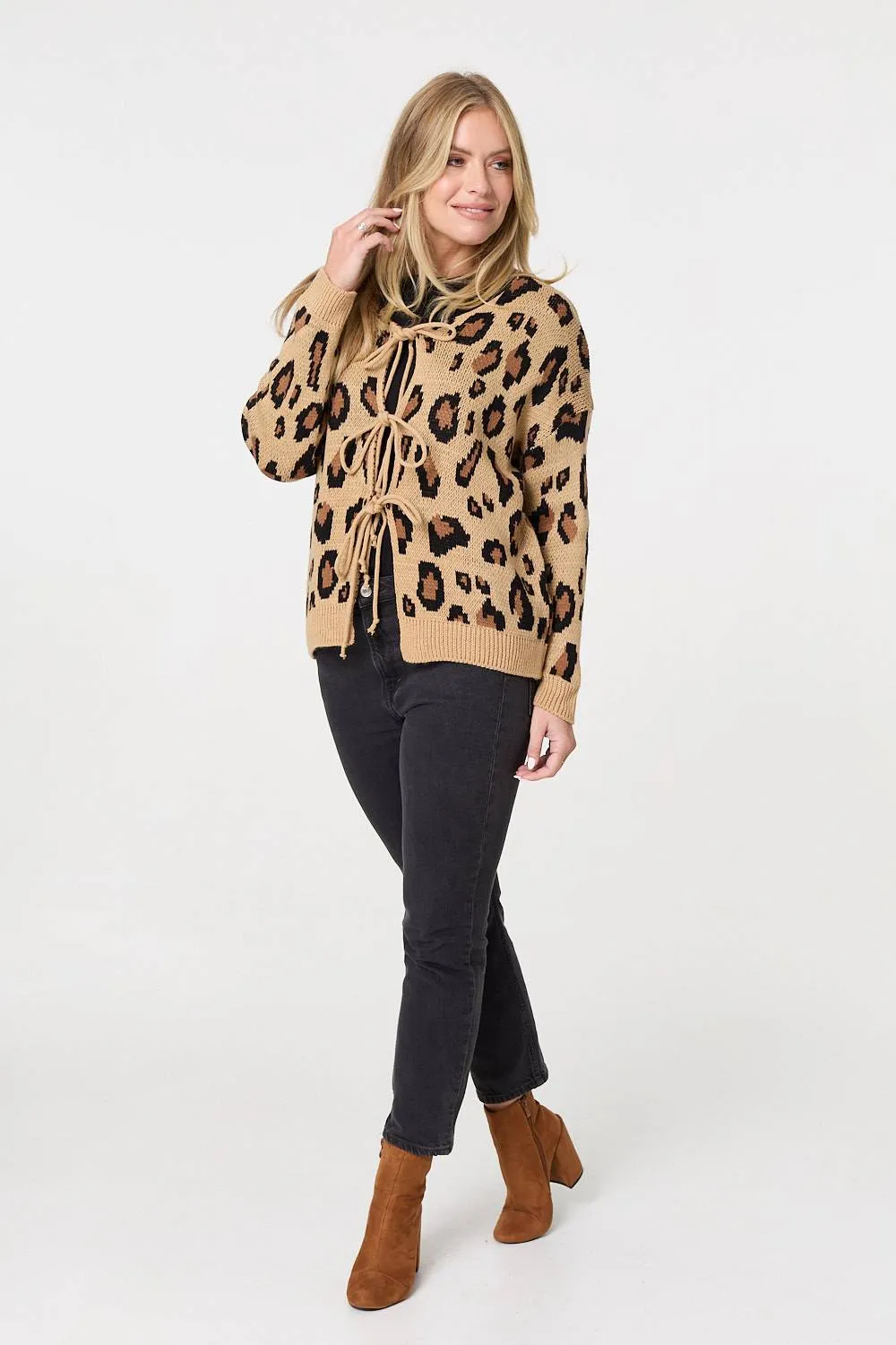 Animal Print Tie Front Cardigan