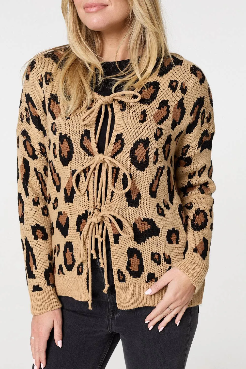 Animal Print Tie Front Cardigan