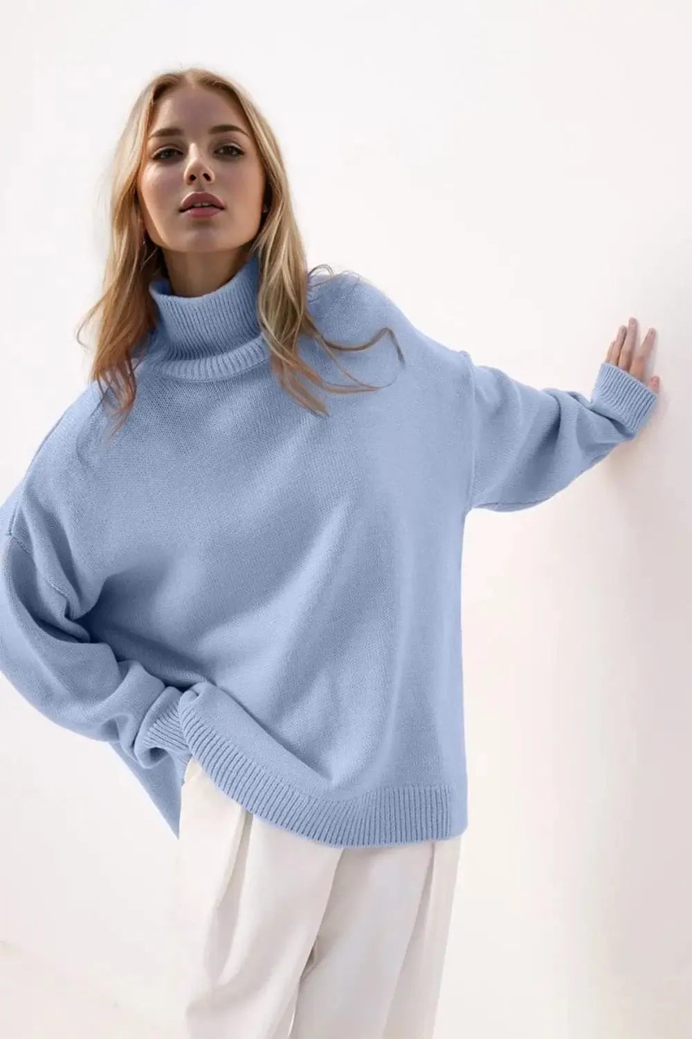 Basic Bae Side Slit Turtleneck Long Sleeve Sweater