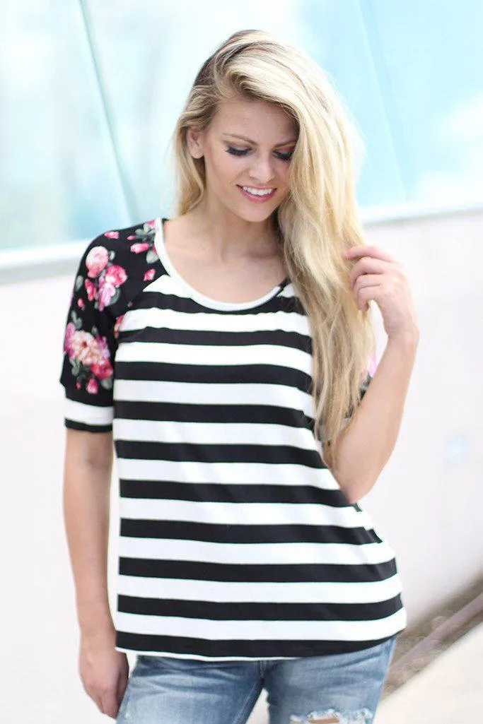 Black And White Striped Top With Floral Sleeves