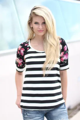 Black And White Striped Top With Floral Sleeves