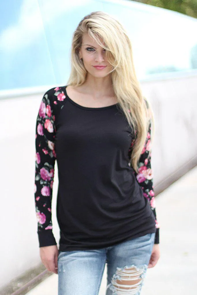 Black Top with Floral Sleeves