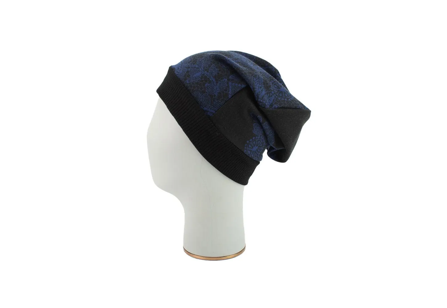 Blue and Black Asymmetrical Lace Print Slouchy Beanie