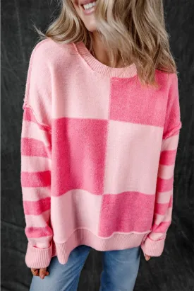 Checkered Pink Two-toned Striped Loose Sweater