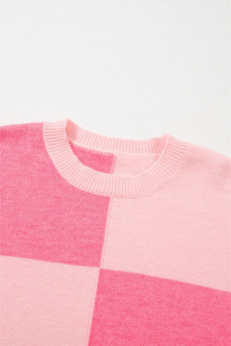 Checkered Pink Two-toned Striped Loose Sweater