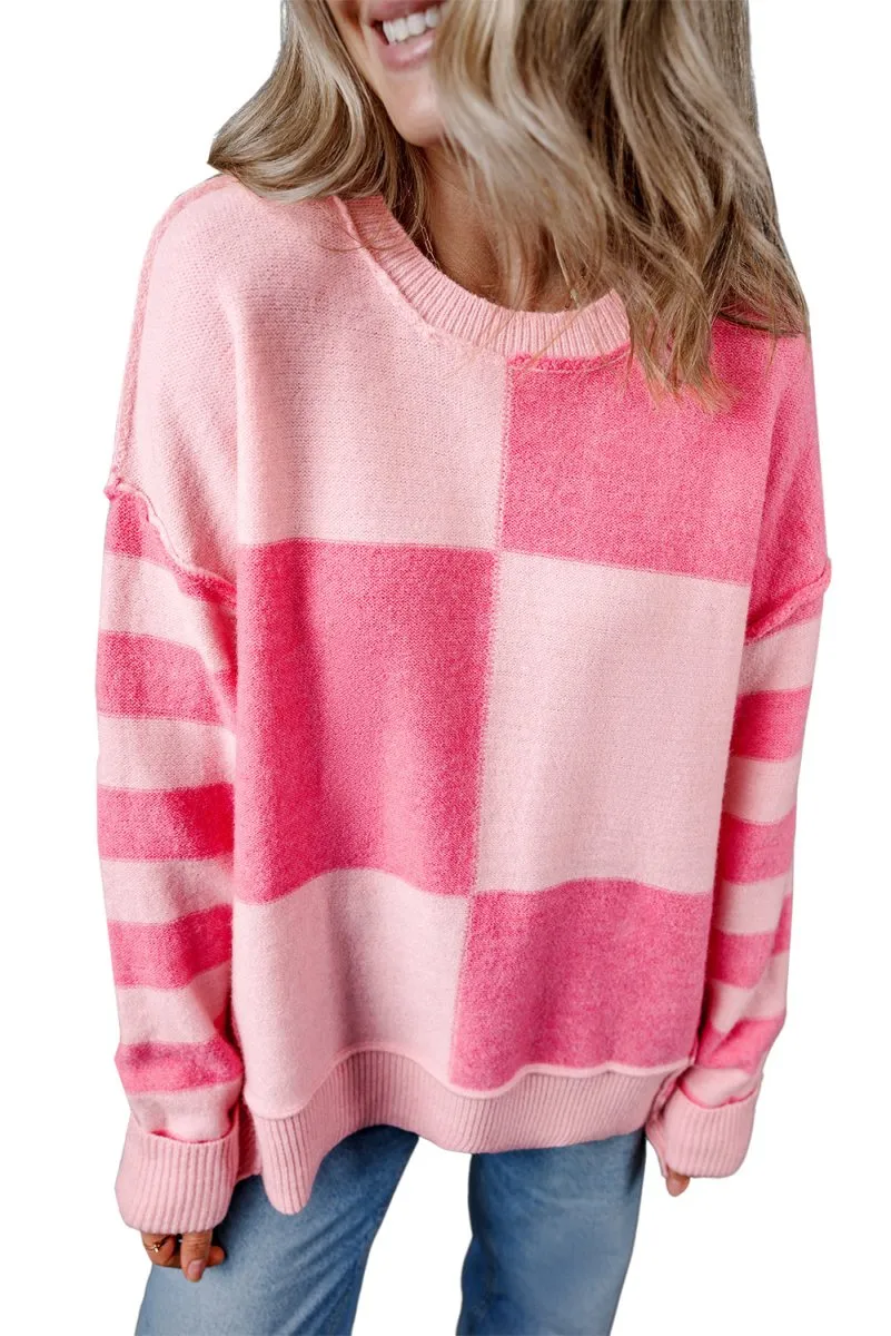 Checkered Pink Two-toned Striped Loose Sweater