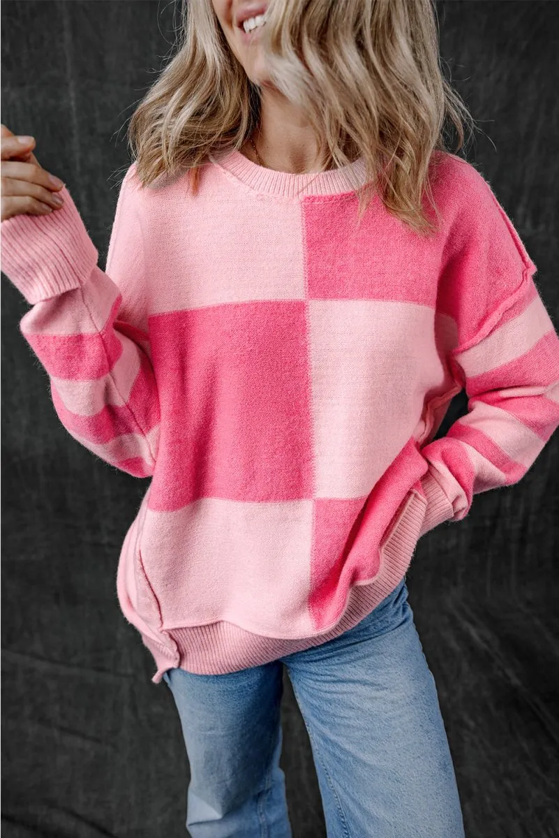 Checkered Pink Two-toned Striped Loose Sweater