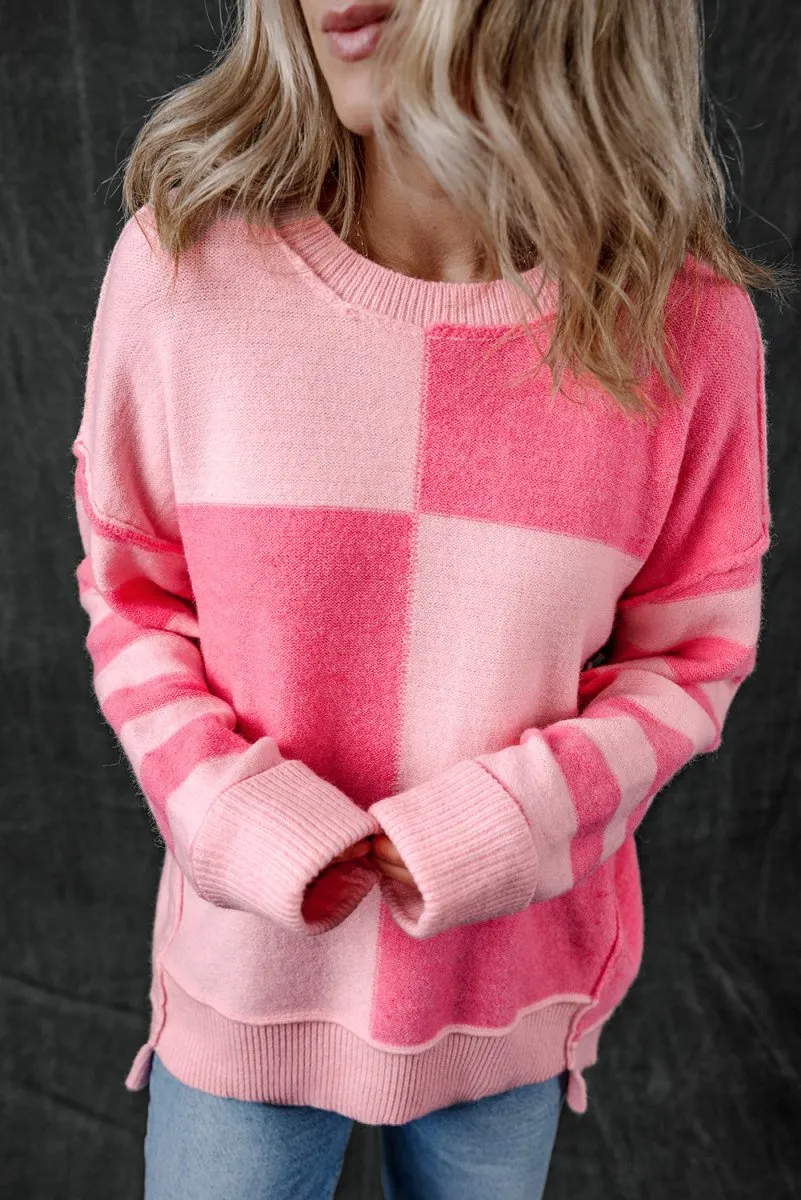 Checkered Pink Two-toned Striped Loose Sweater