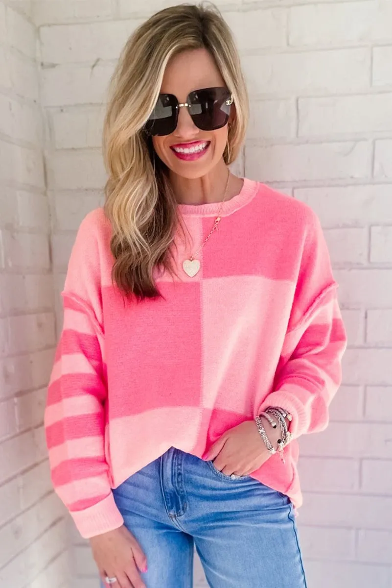 Checkered Pink Two-toned Striped Loose Sweater