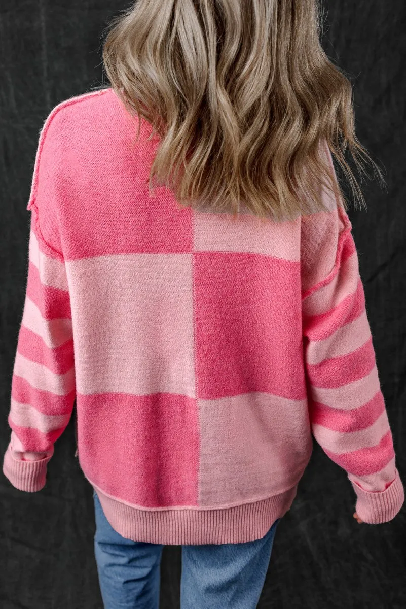 Checkered Pink Two-toned Striped Loose Sweater