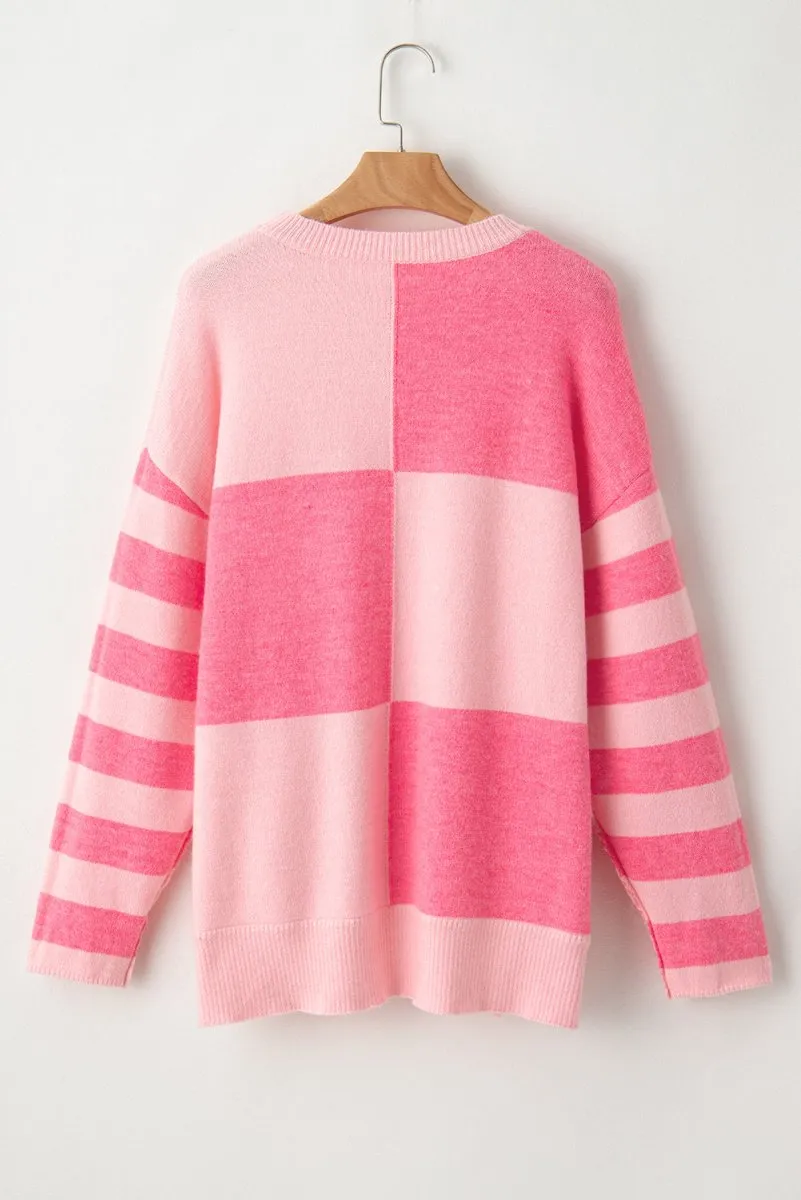 Checkered Pink Two-toned Striped Loose Sweater