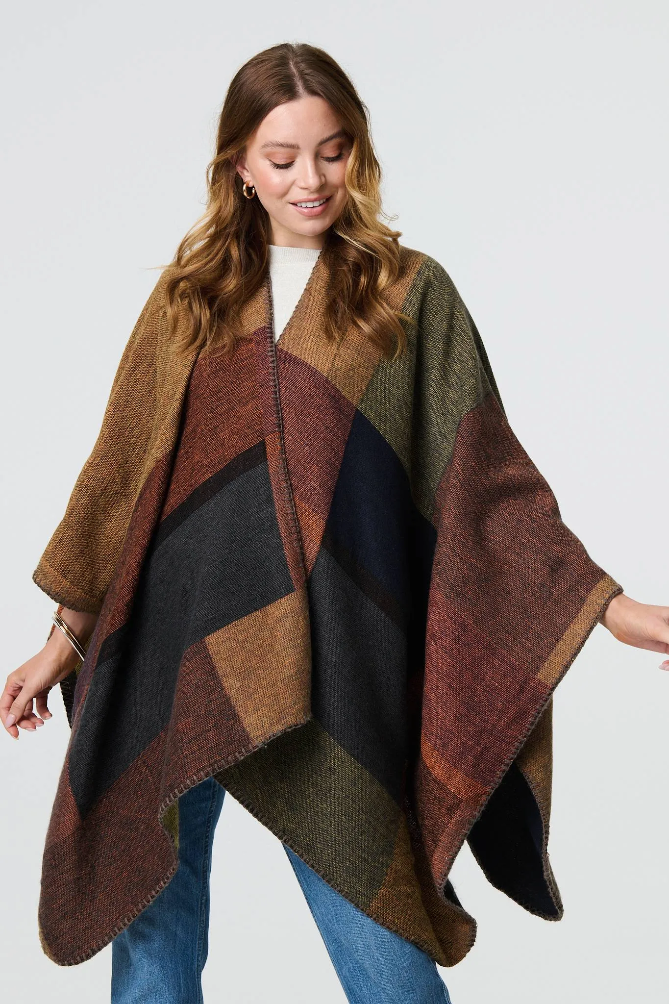 Colour Block 3/4 Sleeve Relaxed Poncho