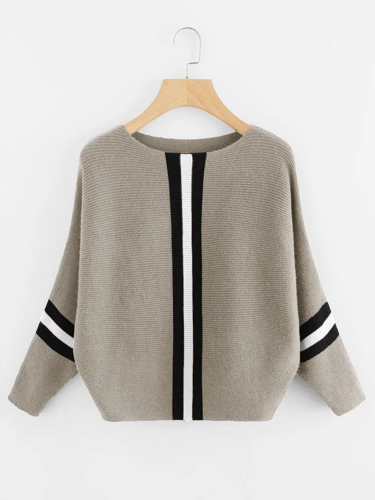 Contrast Striped Panel Ribbed Sweater