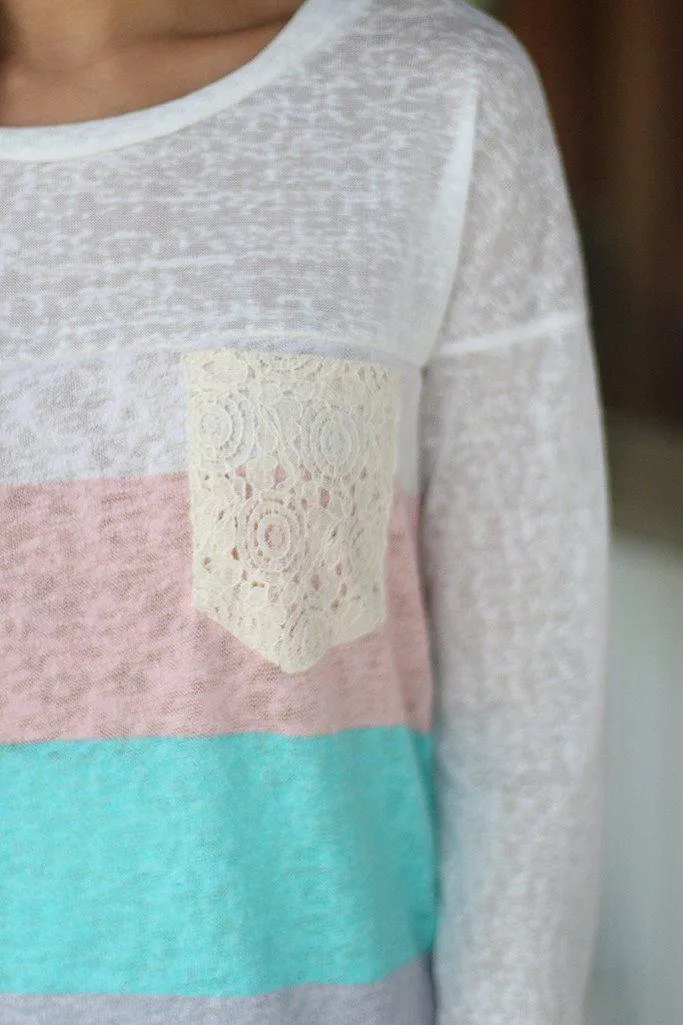 Coral And Mint Long Sleeve Top With Crochet Pocket