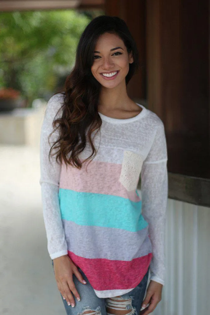 Coral And Mint Long Sleeve Top With Crochet Pocket