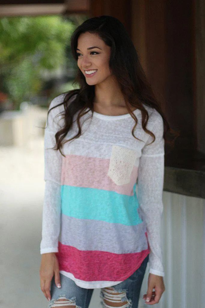 Coral And Mint Long Sleeve Top With Crochet Pocket