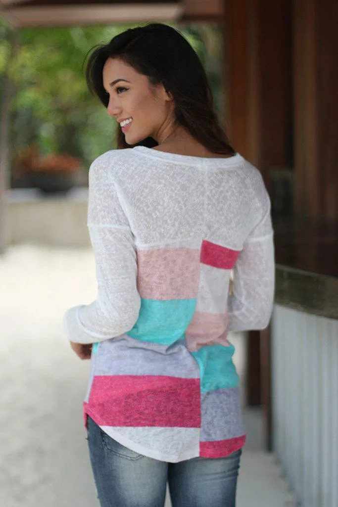 Coral And Mint Long Sleeve Top With Crochet Pocket