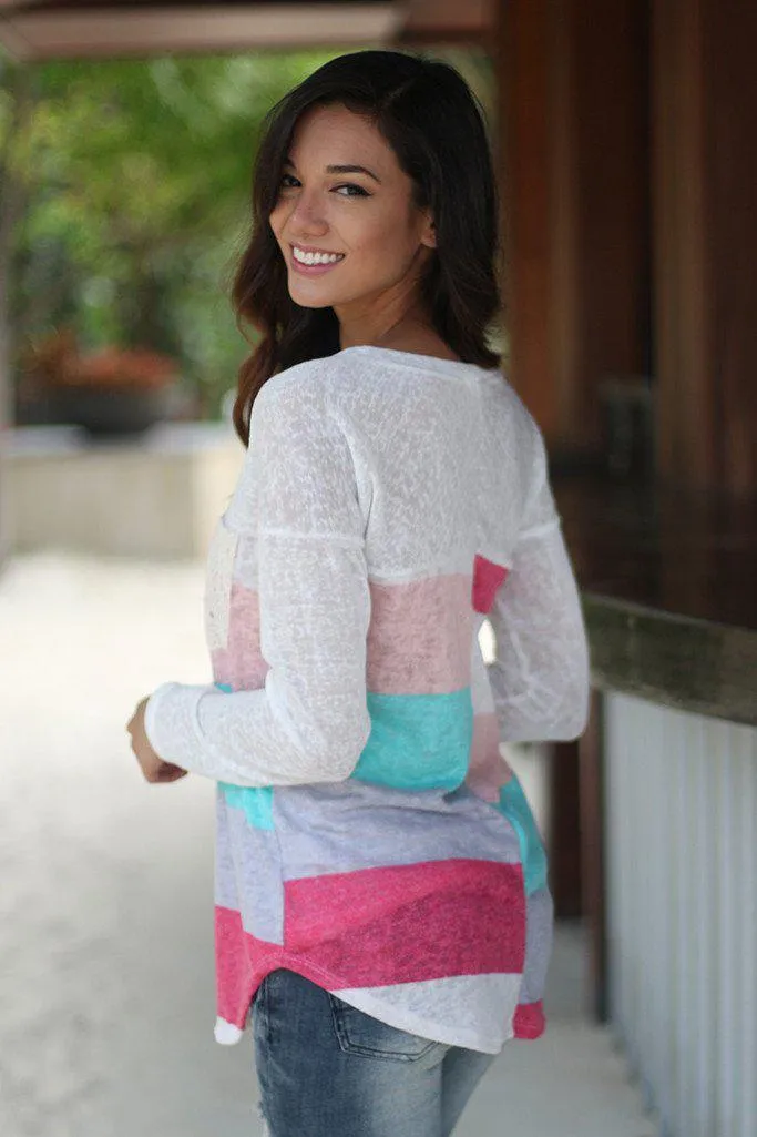 Coral And Mint Long Sleeve Top With Crochet Pocket