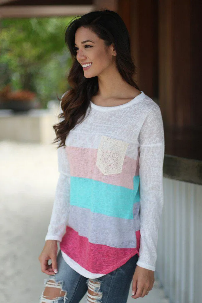 Coral And Mint Long Sleeve Top With Crochet Pocket