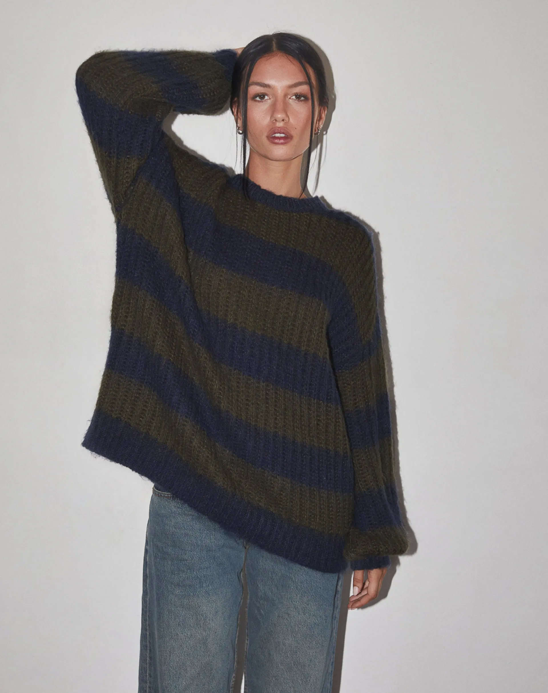 Daren Knitted Oversized Jumper in Khaki and Navy Blue Stripe