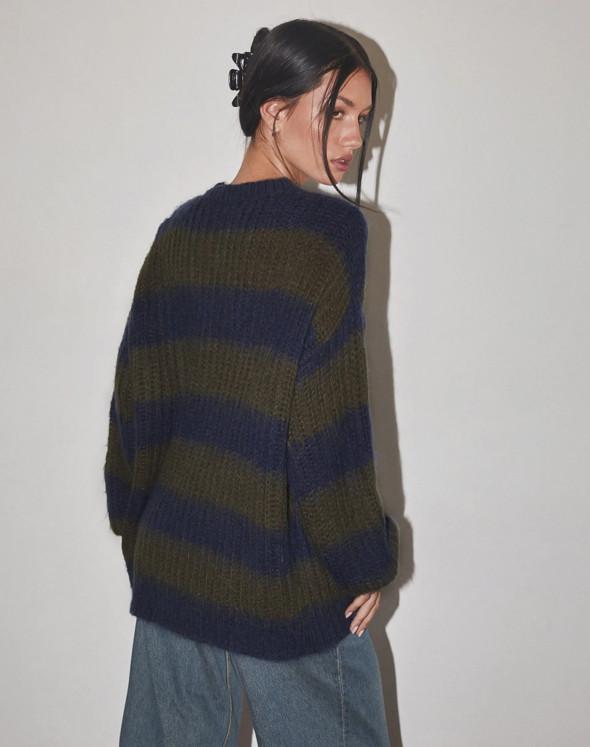 Daren Knitted Oversized Jumper in Khaki and Navy Blue Stripe