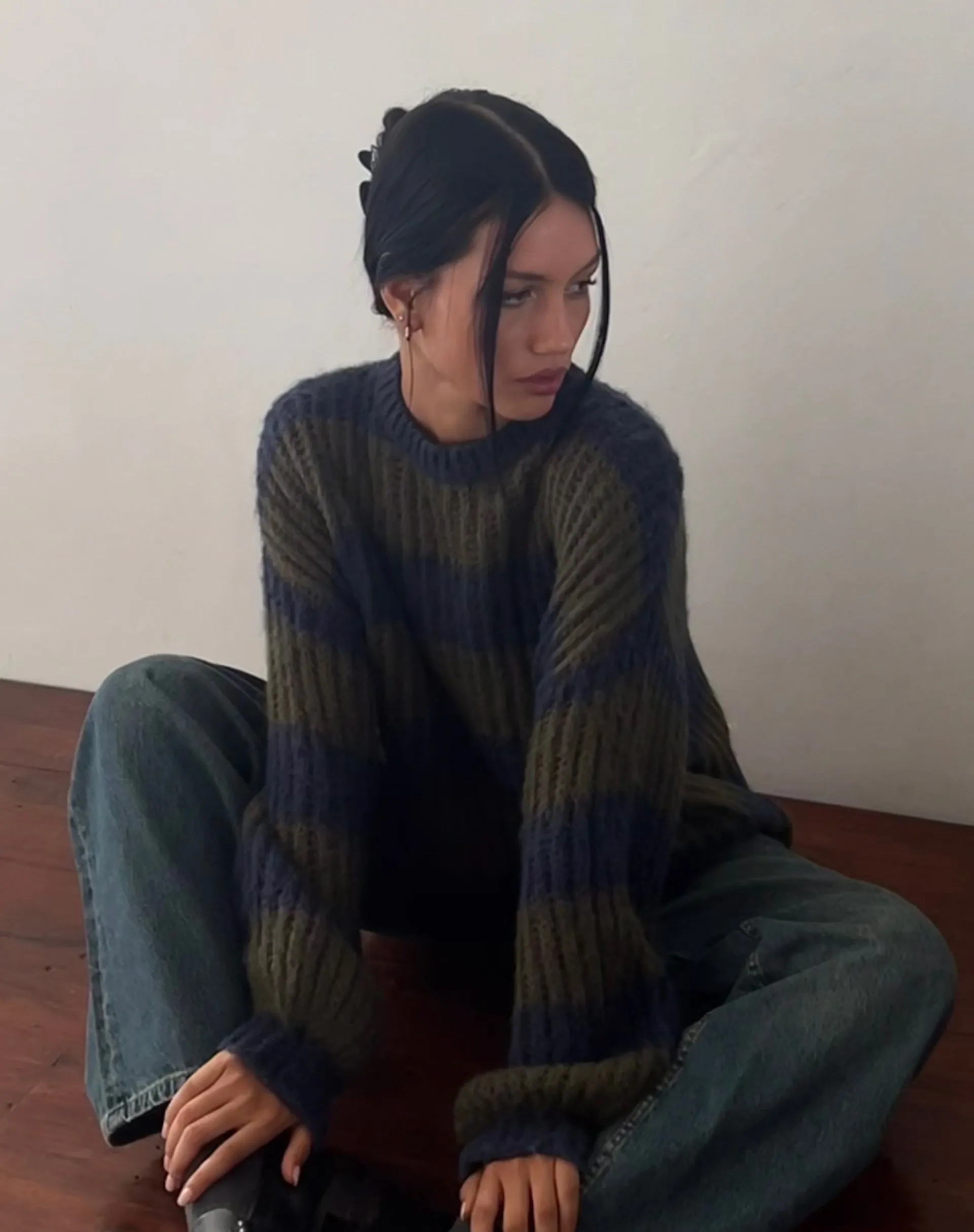 Daren Knitted Oversized Jumper in Khaki and Navy Blue Stripe