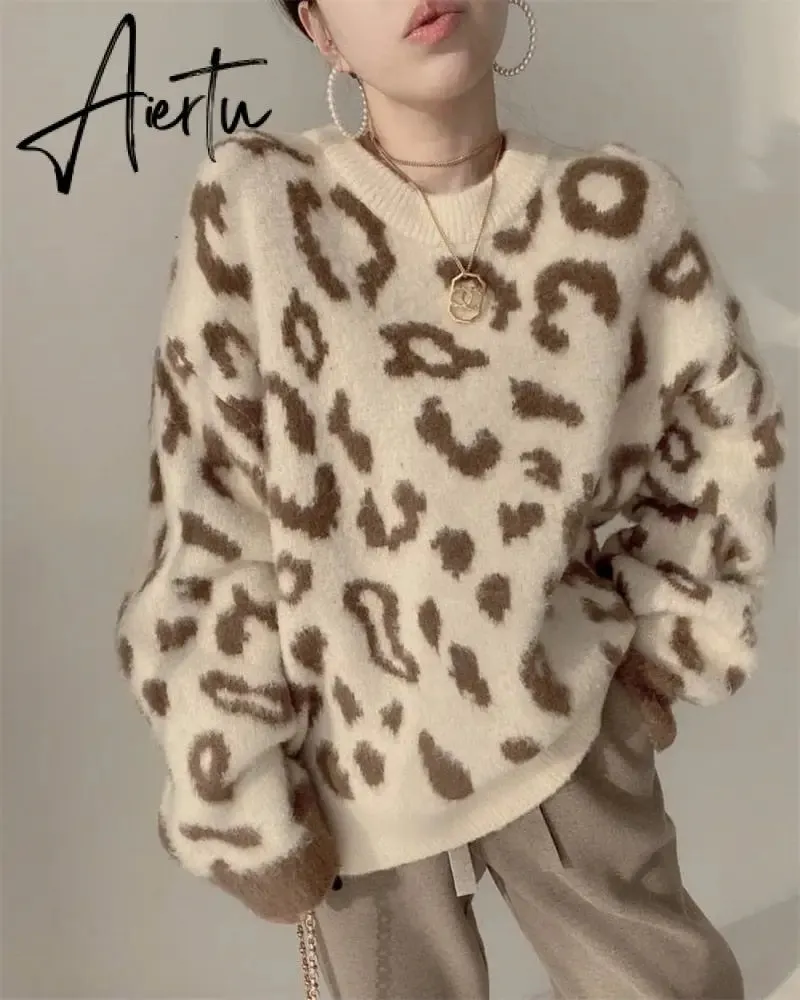 FANIECES Leopard Print Oversized Sweater Pullovers Autumn Loose Batwing Sleeve O-Neck Warm Jumper Casual Streetwear Pull Femme