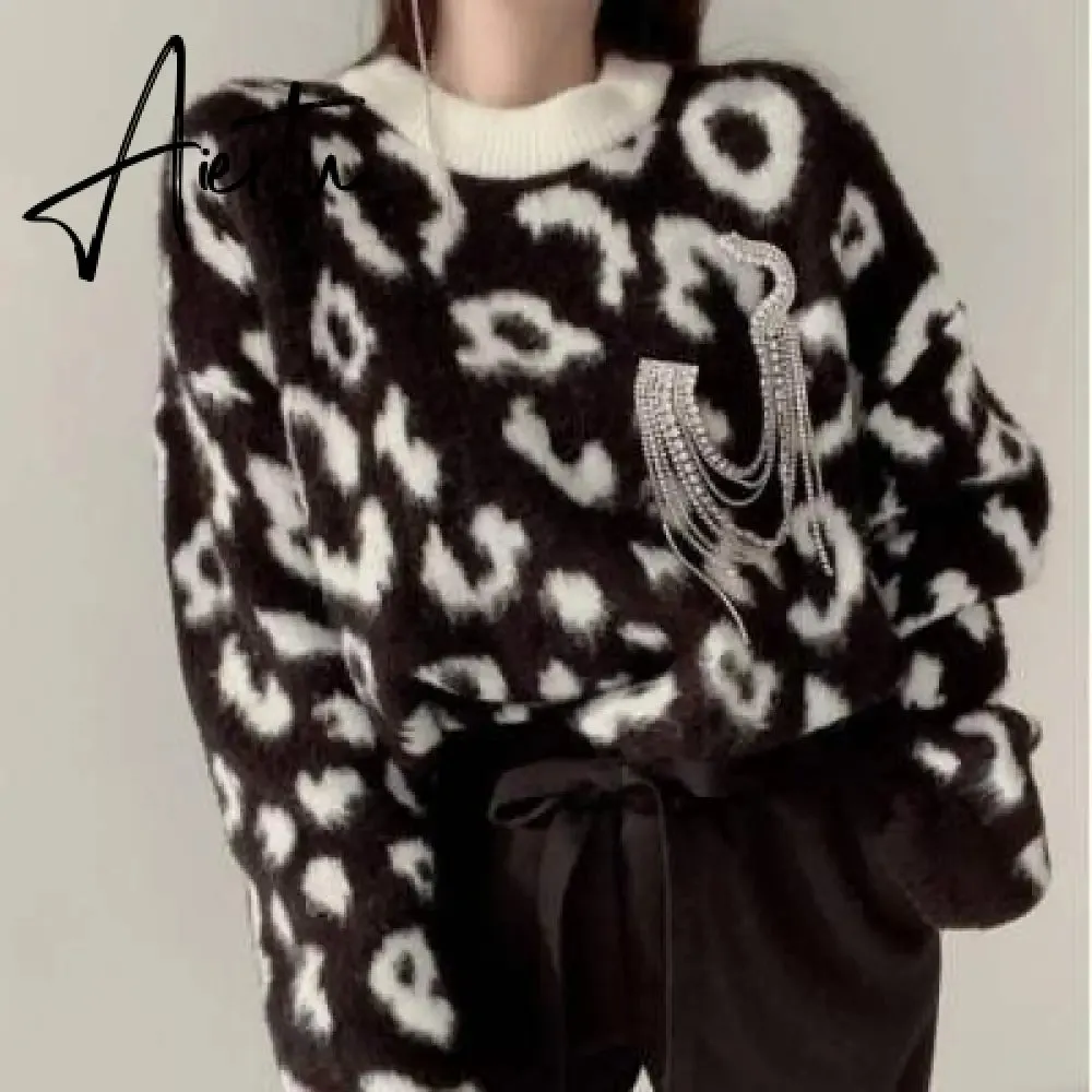 FANIECES Leopard Print Oversized Sweater Pullovers Autumn Loose Batwing Sleeve O-Neck Warm Jumper Casual Streetwear Pull Femme