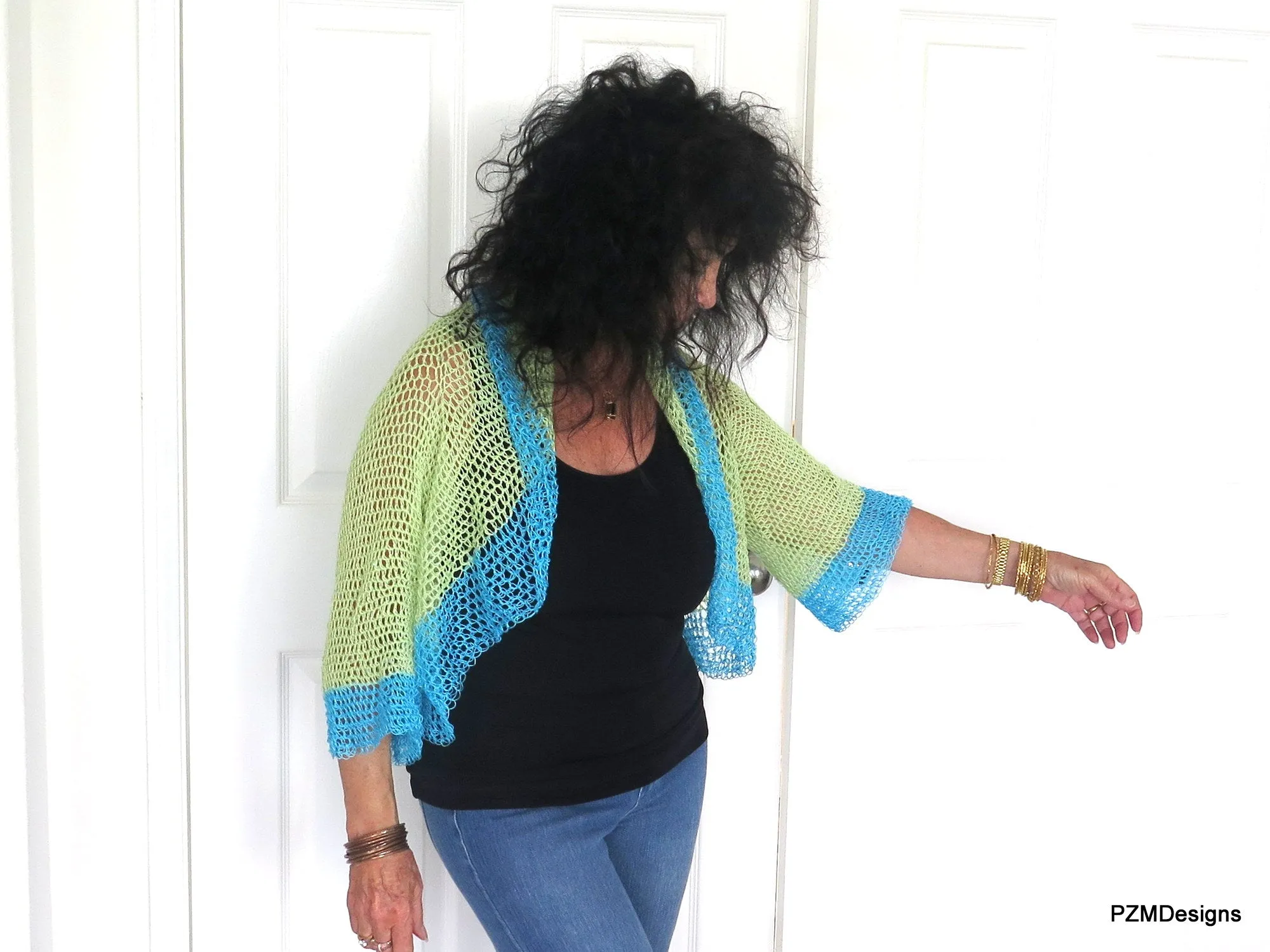 Green and Turquoise Thread Crochet Summer Shrug with Sequins