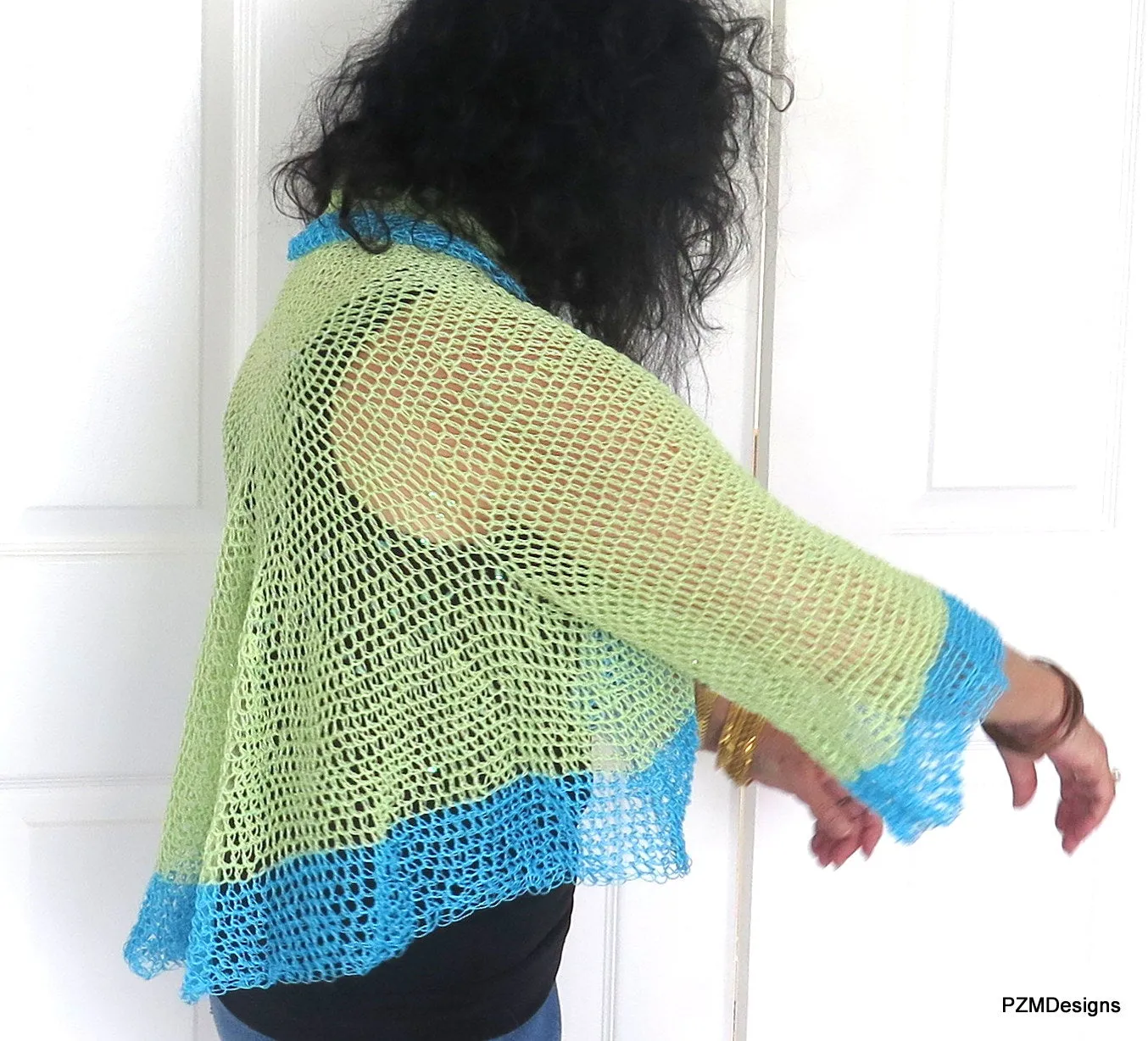 Green and Turquoise Thread Crochet Summer Shrug with Sequins