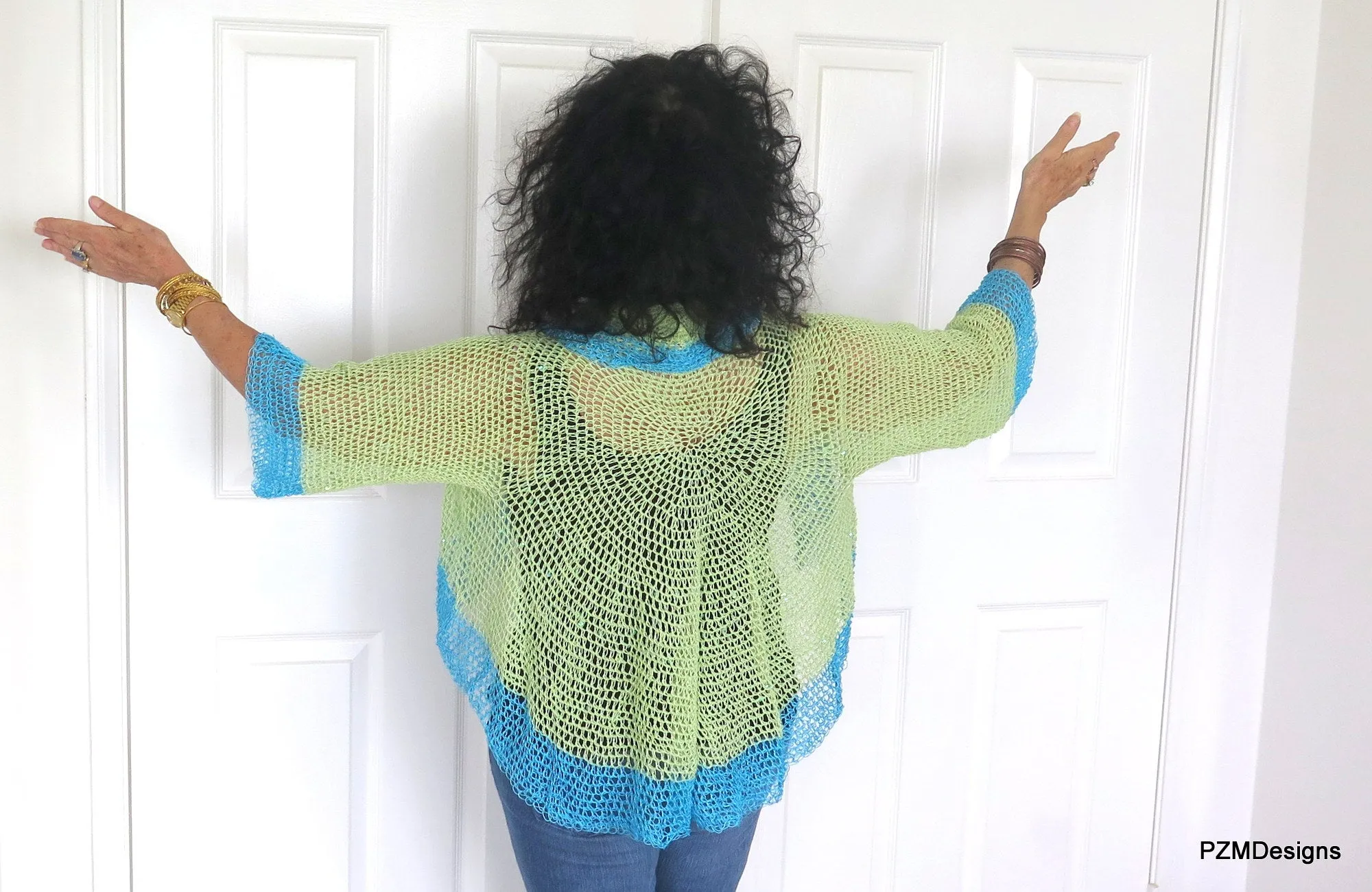 Green and Turquoise Thread Crochet Summer Shrug with Sequins