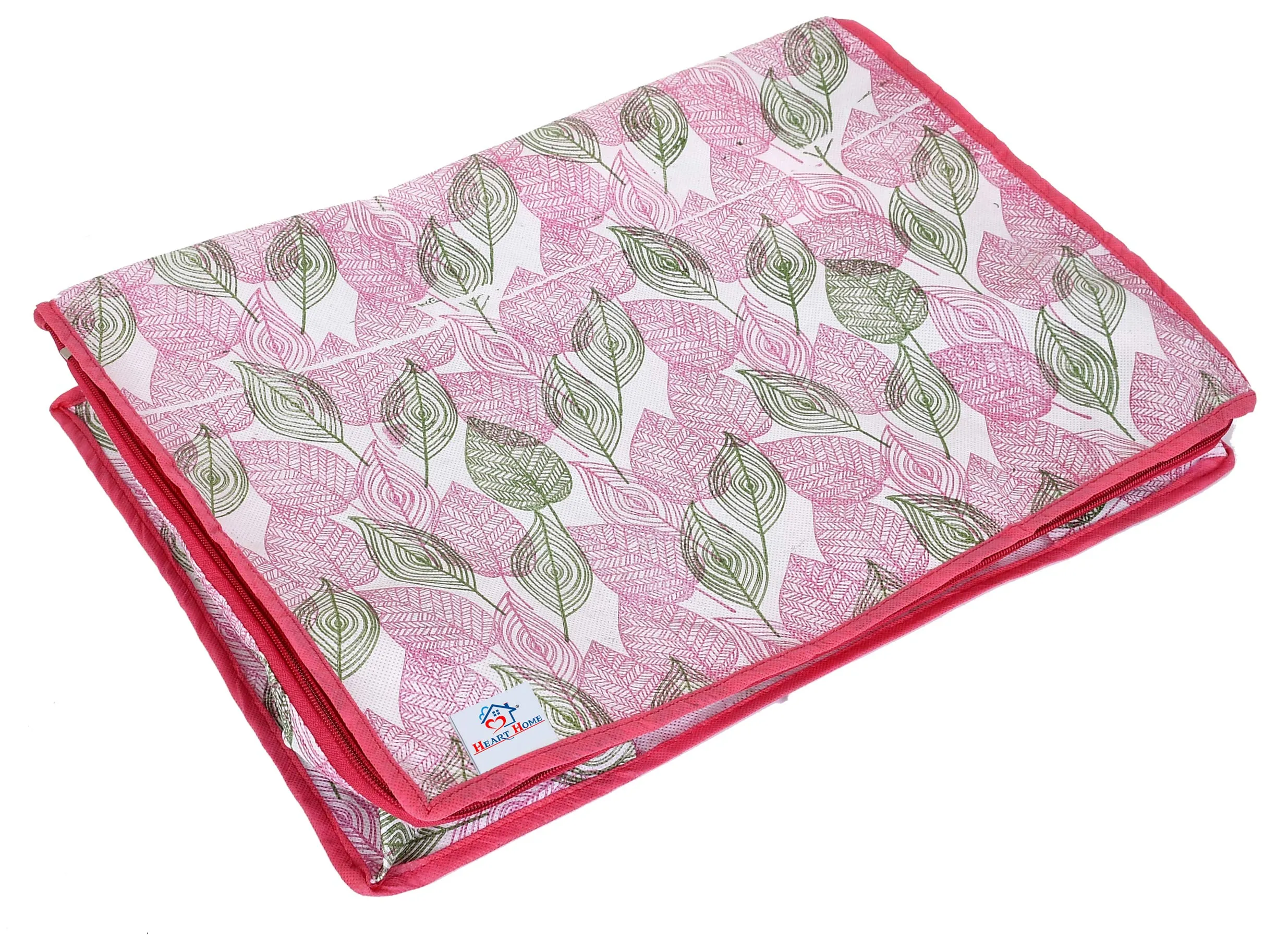 Heart Home Metalic Leafy Print Non Woven 4 Pieces Underbed Storage Bag,Cloth Organiser,Blanket Cover with Transparent Window (Pink)-HHEART16619