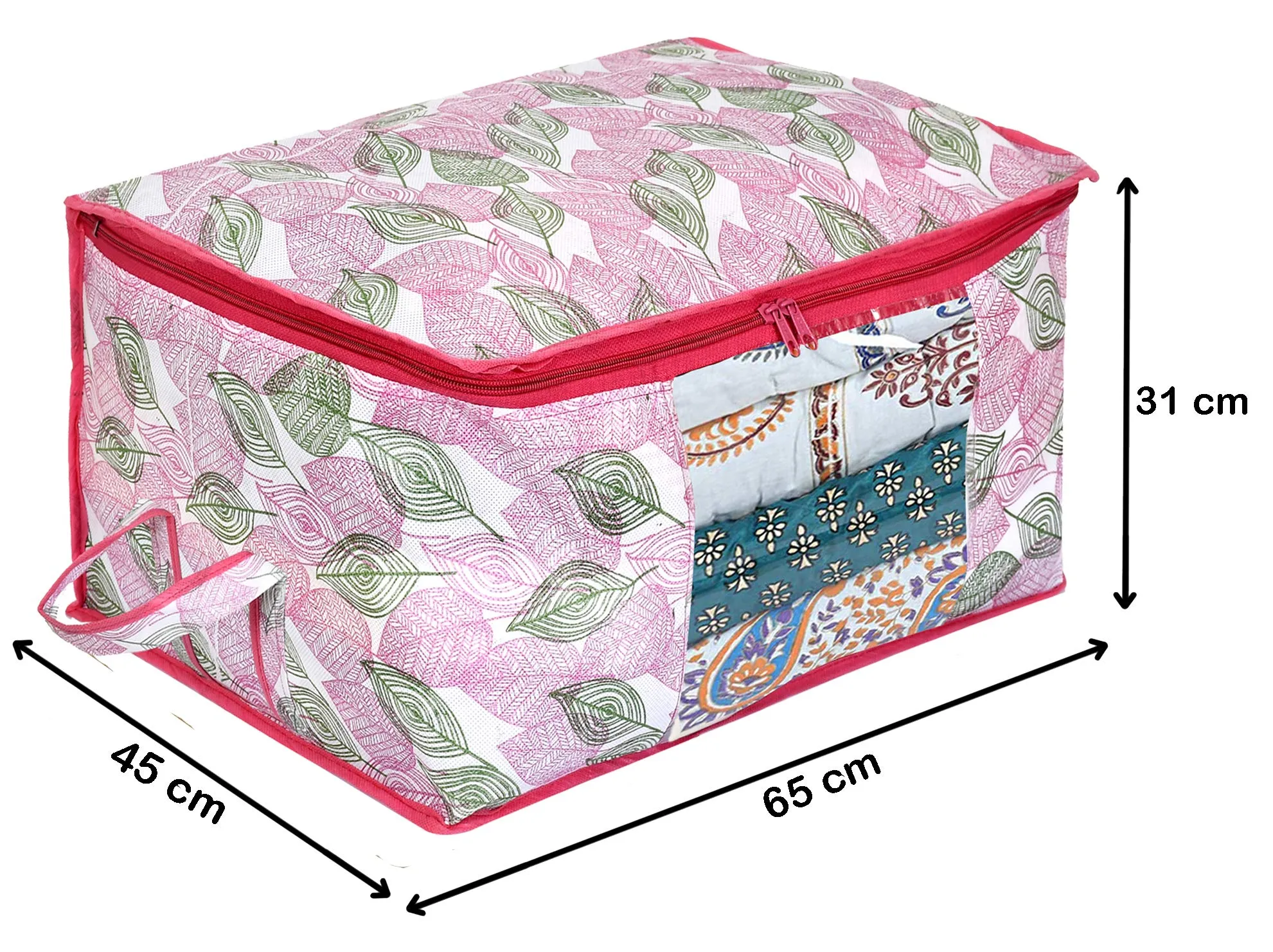 Heart Home Metalic Leafy Print Non Woven 4 Pieces Underbed Storage Bag,Cloth Organiser,Blanket Cover with Transparent Window (Pink)-HHEART16619