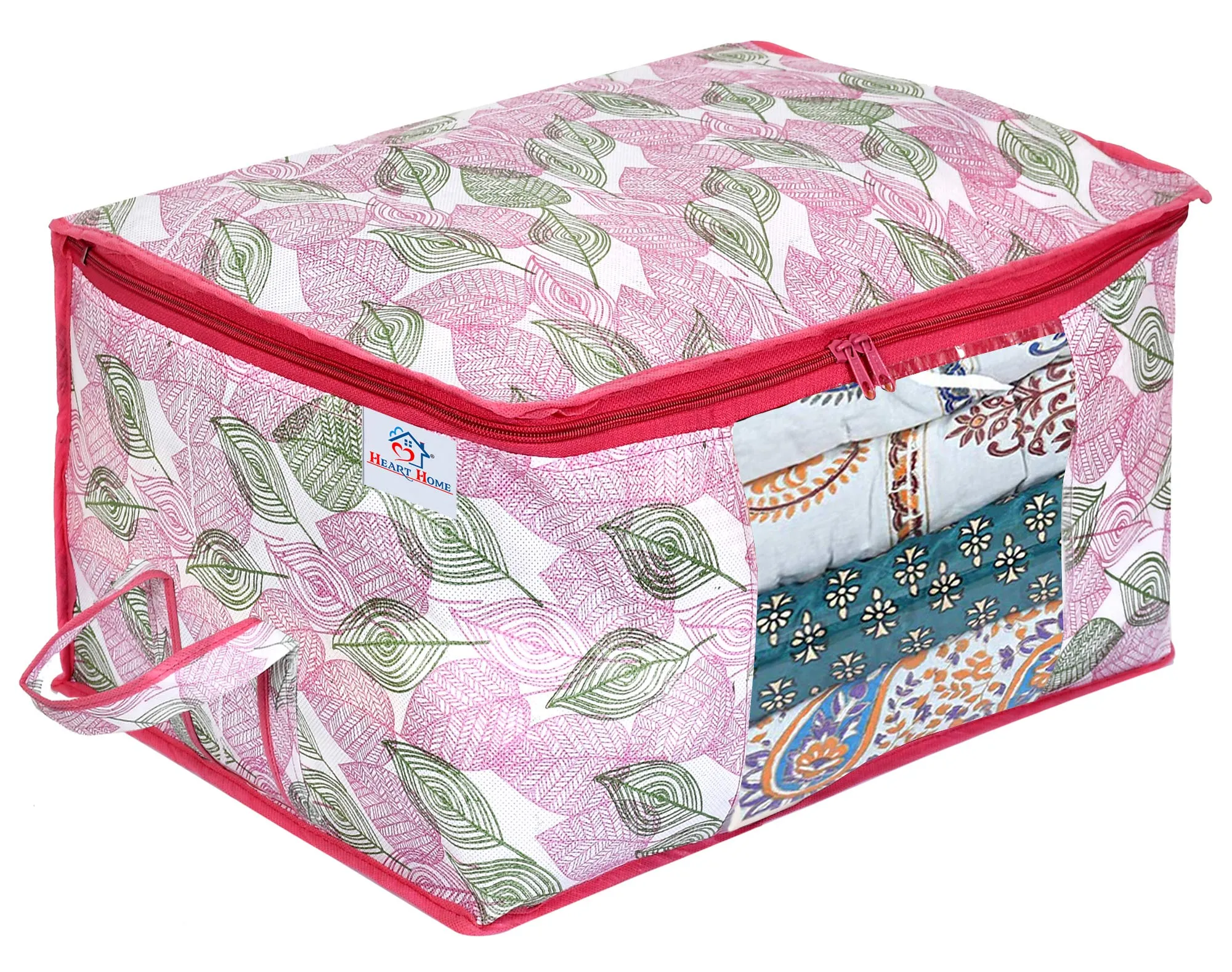 Heart Home Metalic Leafy Print Non Woven 4 Pieces Underbed Storage Bag,Cloth Organiser,Blanket Cover with Transparent Window (Pink)-HHEART16619