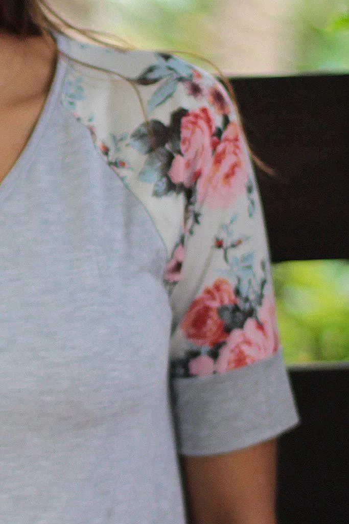 Heather Gray Top With Floral Sleeves