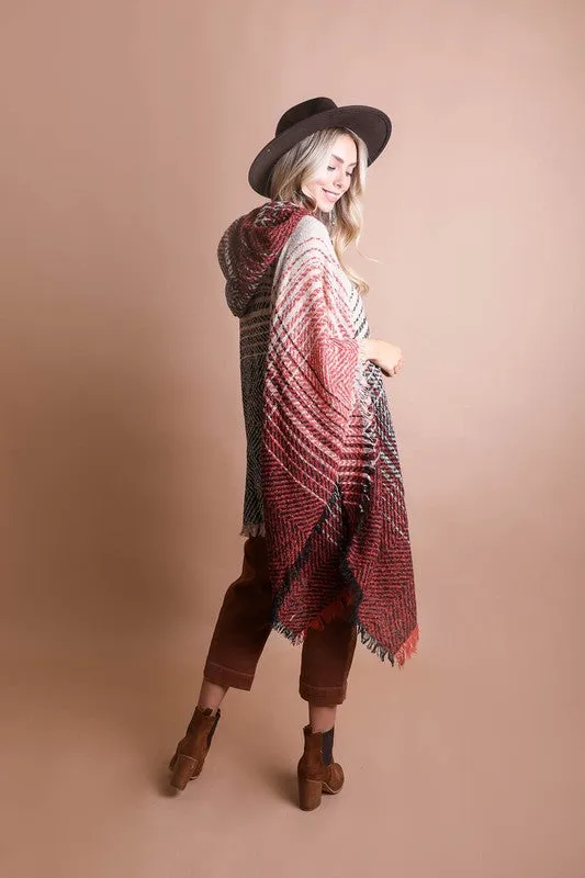 Herringbone Tweed Hooded Frayed Edge Poncho