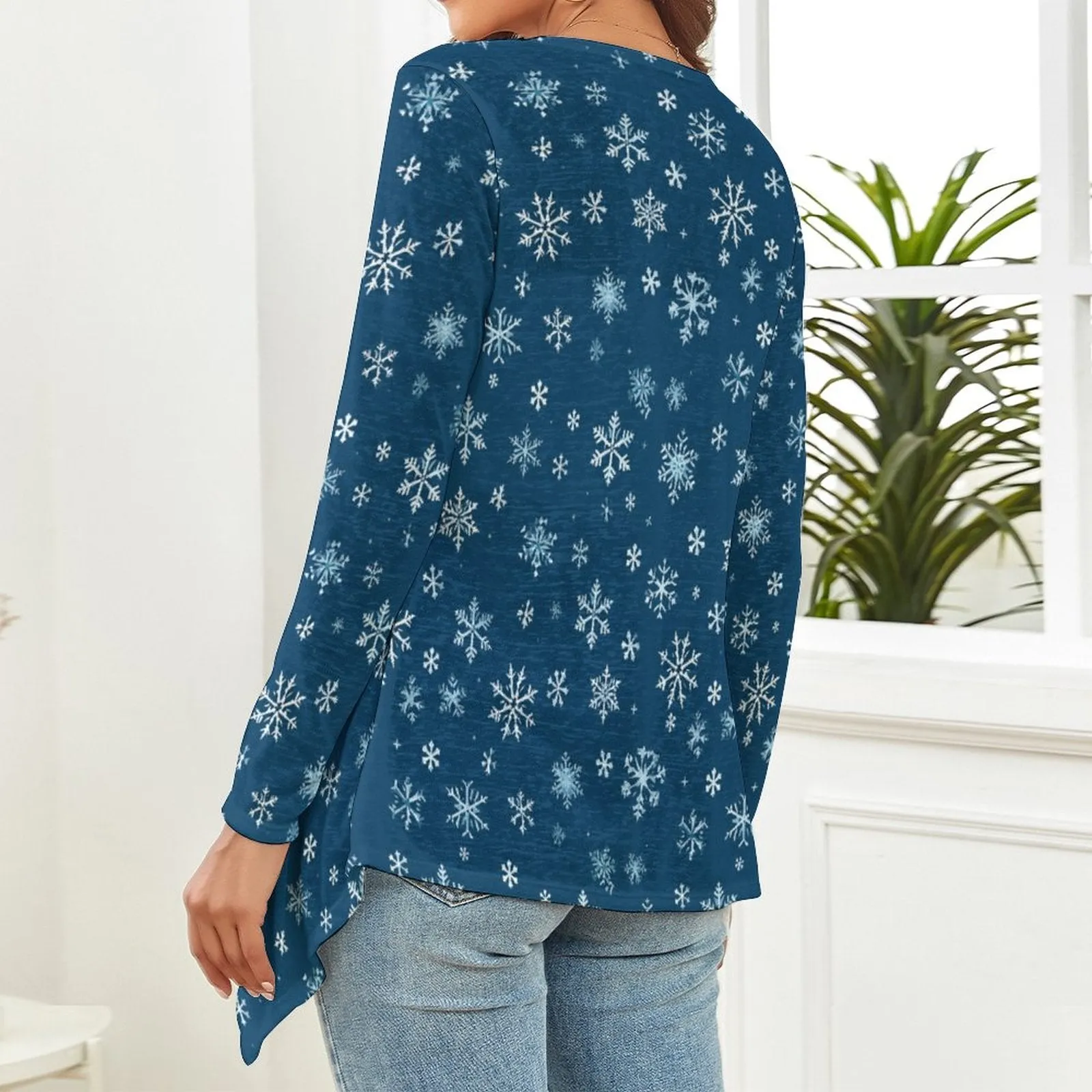 Holiday Snowflake Cardigan, Drop Shoulder Women's Open Shirt with Irregular Hem  (All-Over Printing), Trendy Cardigan, Christmas Apparel