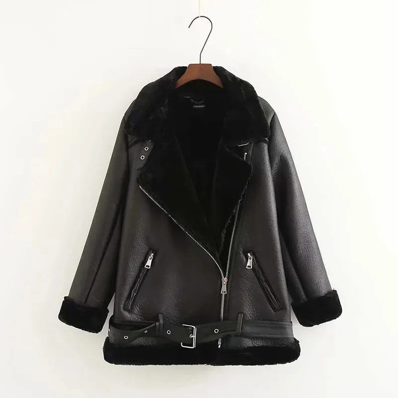 Jacket Tops Women's Trendy Belt PU Leather Jacket