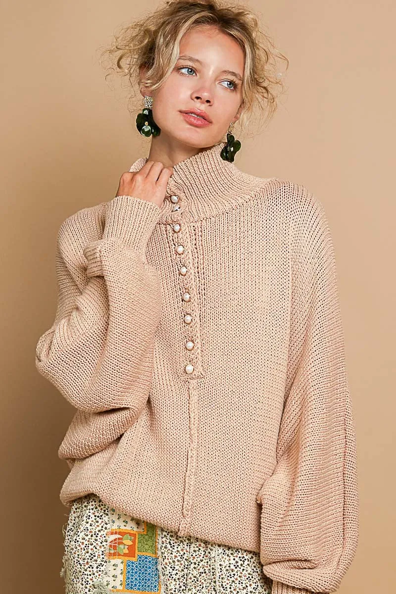 KESLEY Pearl Detail Turtleneck Long Sleeve Sweater Nude loose Fit Baggy Top