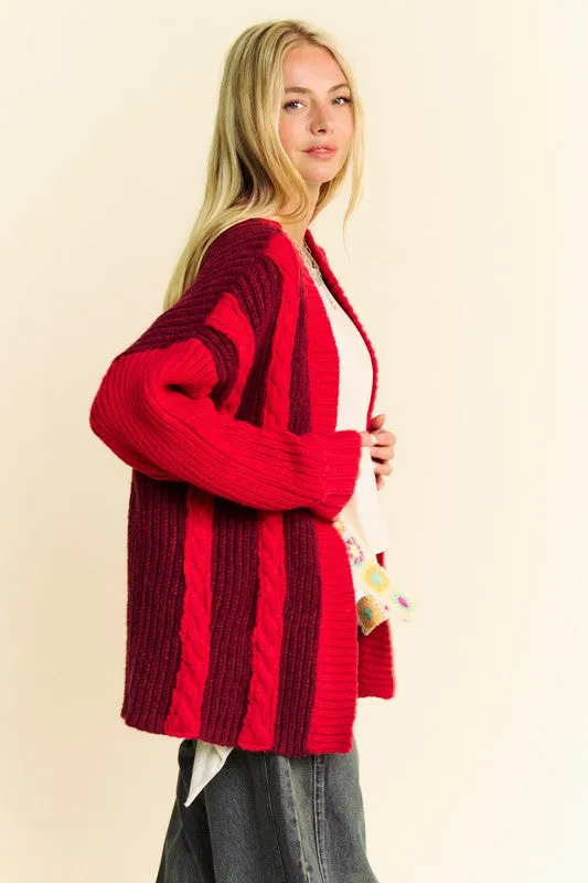 kesley red Cable-Knit Color Block Open Front Cardigan