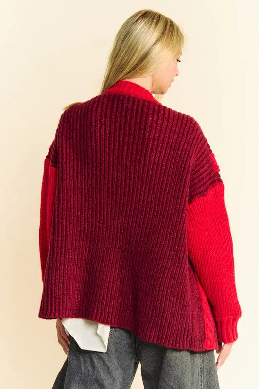 kesley red Cable-Knit Color Block Open Front Cardigan