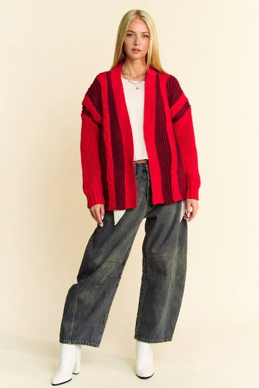 kesley red Cable-Knit Color Block Open Front Cardigan