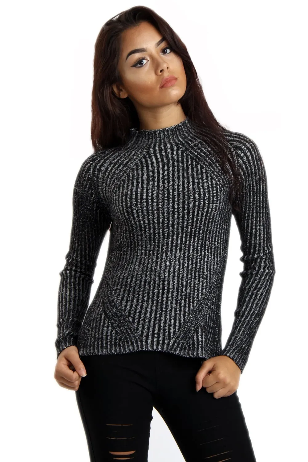 Knitted Ribbed Funnel Neck Jumper