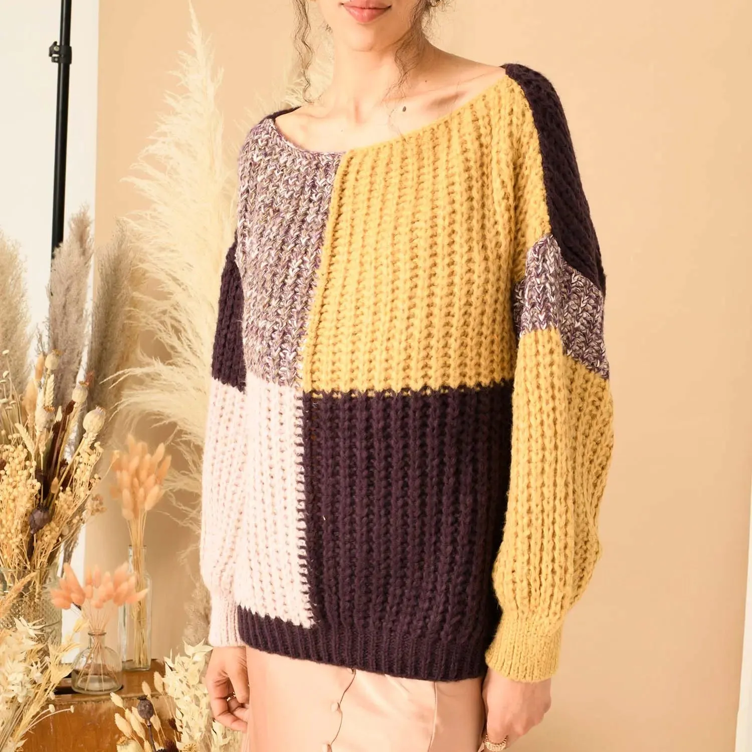 Laura Chunky Patchwork Jumper - Plum