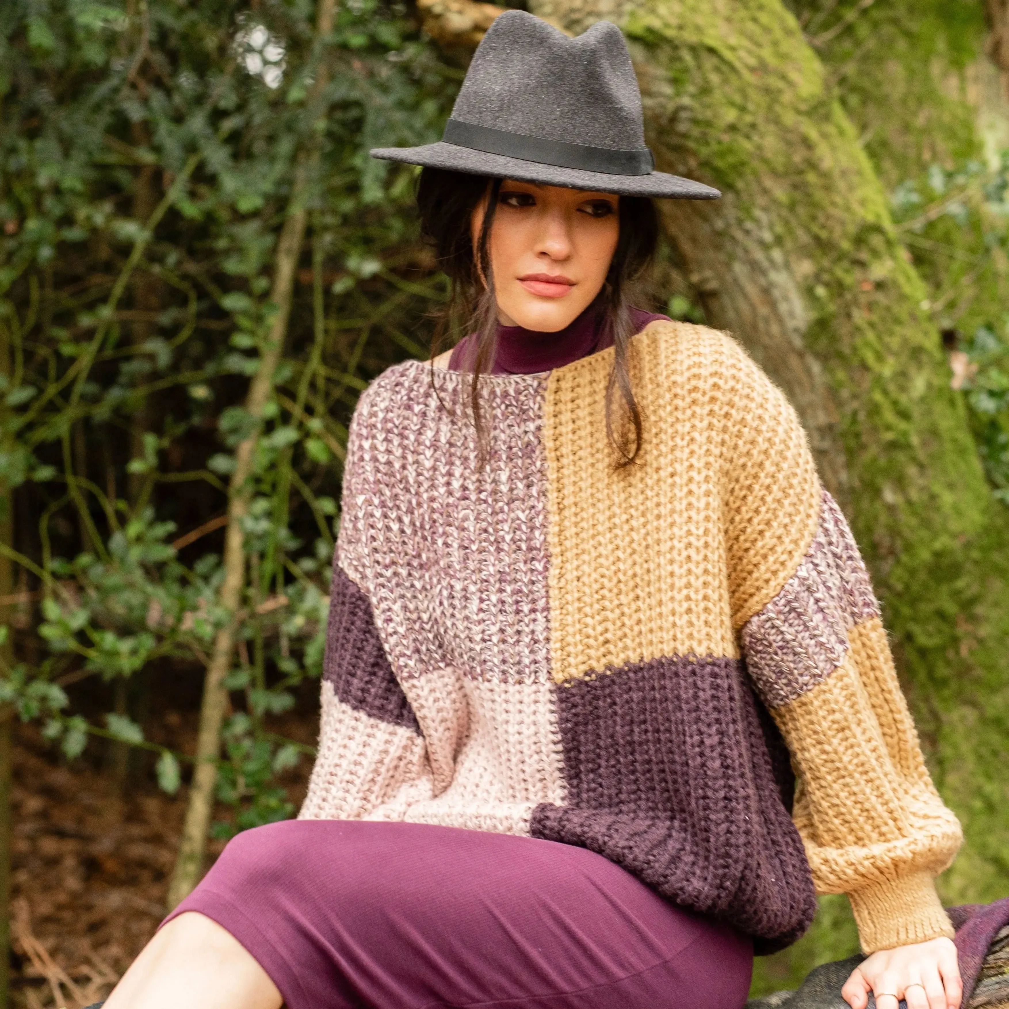 Laura Chunky Patchwork Jumper - Plum