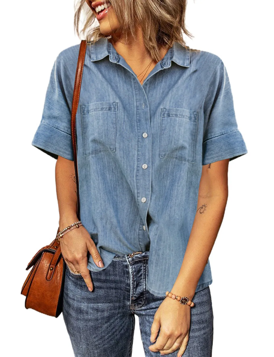 luvamia Women's Denim Shirts Casual Short Sleeve V Neck Button Down Blouses Tops