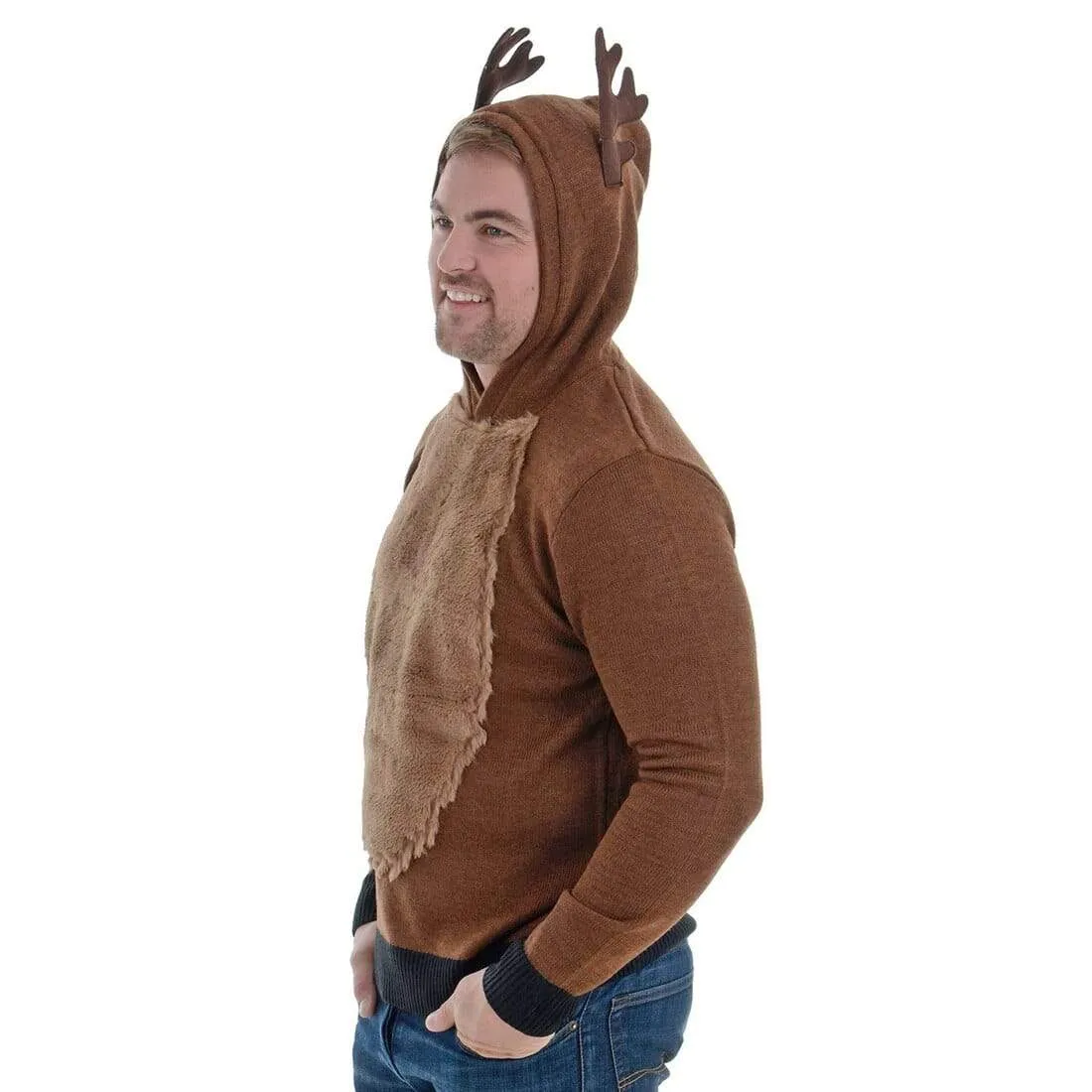 Mens Christmas Hooded Jumper Rudolph Antlers Brown Knit