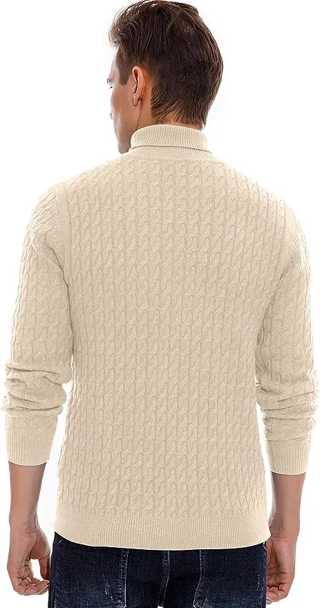 Men's Twisted Knitted Turtleneck Sweater Casual Soft Pullover Sweaters - Beige